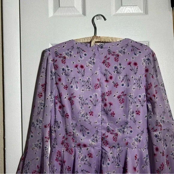 Double Crazy Purple Floral Dress Size Large Boho Bell Sleeve Empire Waist Flowy - Picture 14 of 15